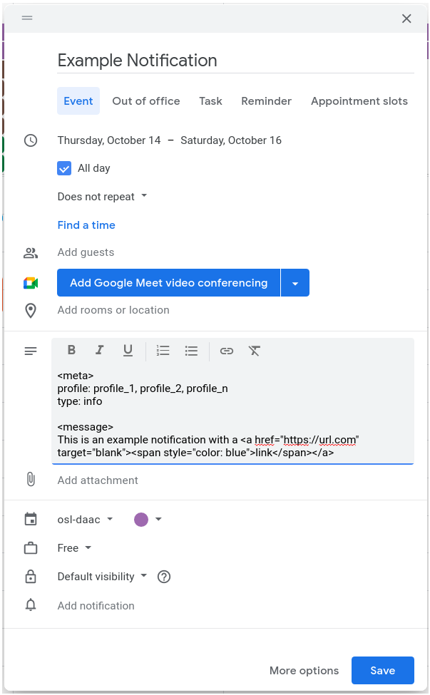 Image of a notification event being created in Google Calendar
