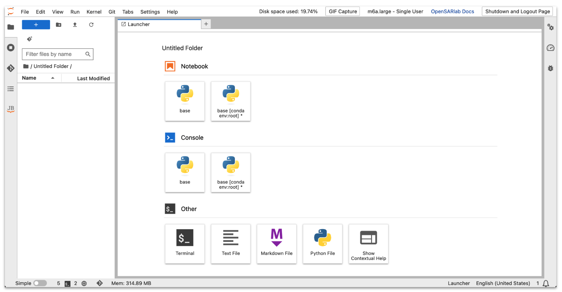 The JupyterLab desktop loads when your server has started. Depending on the specific lab, you may have access to varying notebook kernels and JupyterLab extensions.