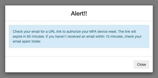 An alert will appear directing you to click an emailed verification link within 60 minutes.