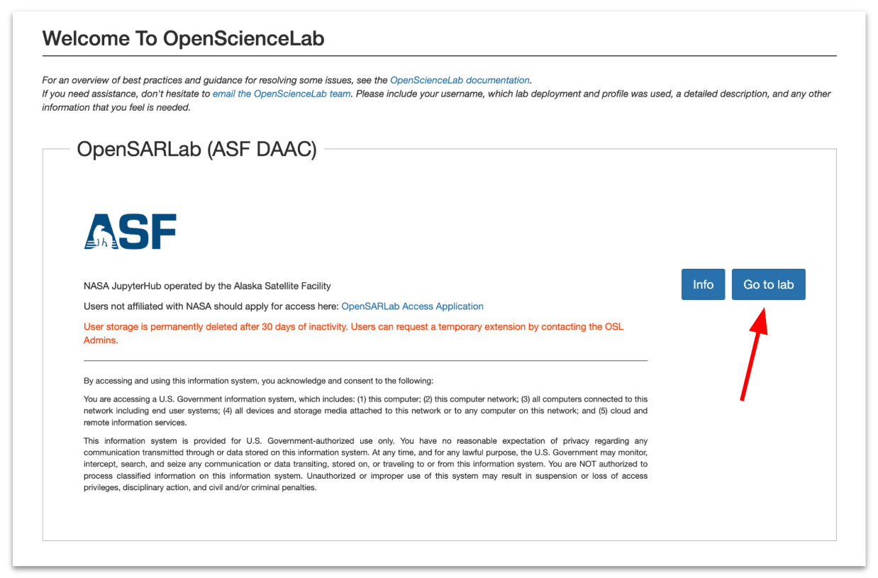 The OpenScienceLab Portal provides access to users’ labs. In this example, there is only one lab available, but users will see lab cards for any labs to which they have access.