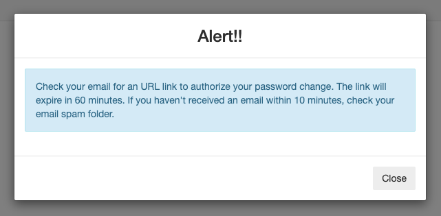 An alert will appear directing you to click the emailed verification link within 60 minutes.