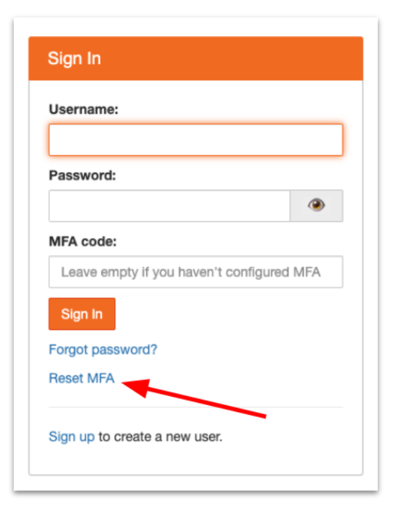 Click the "Reset MFA" link on the sign in card