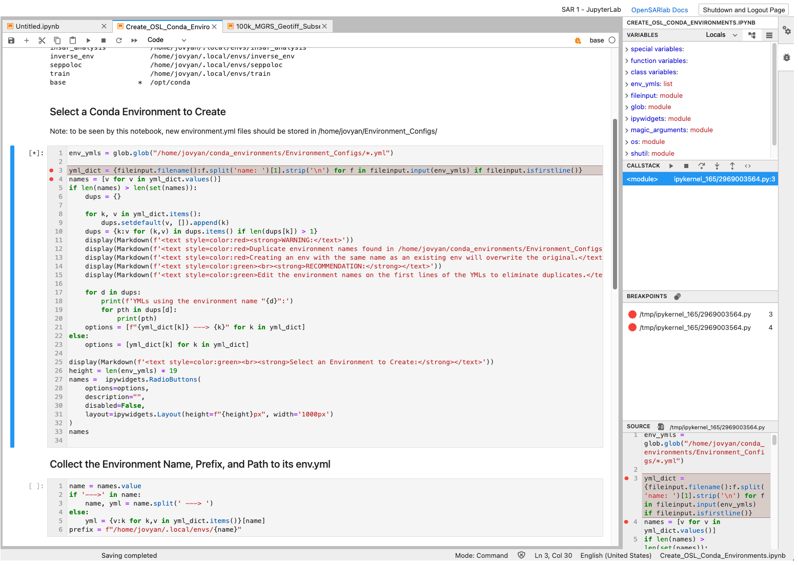 Screenshot of JupyterLab Debugger