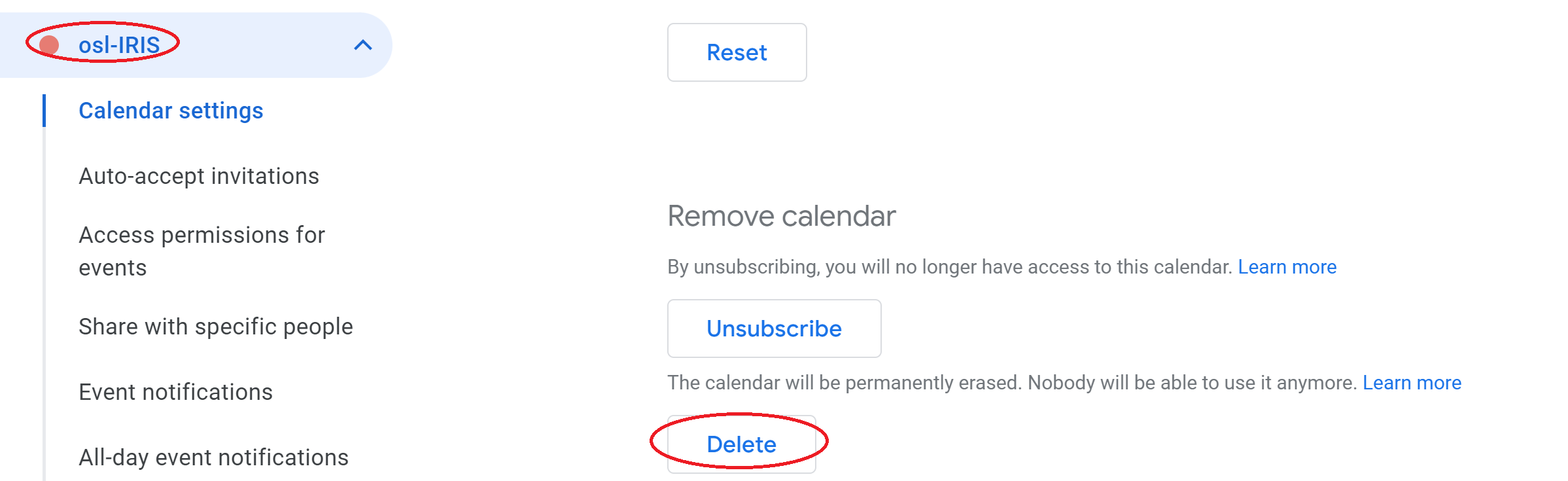 delete calendar