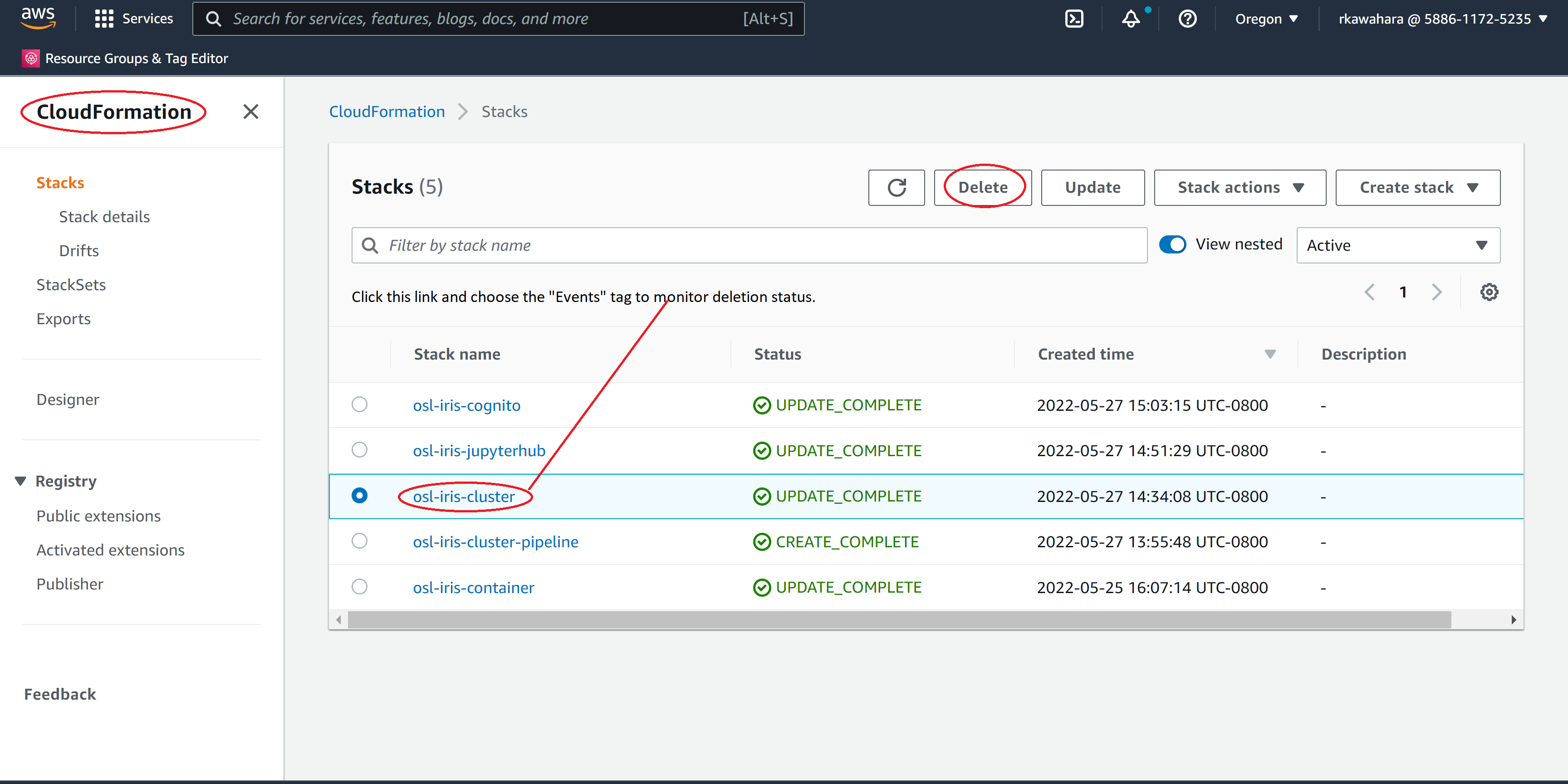 delete cluster stack