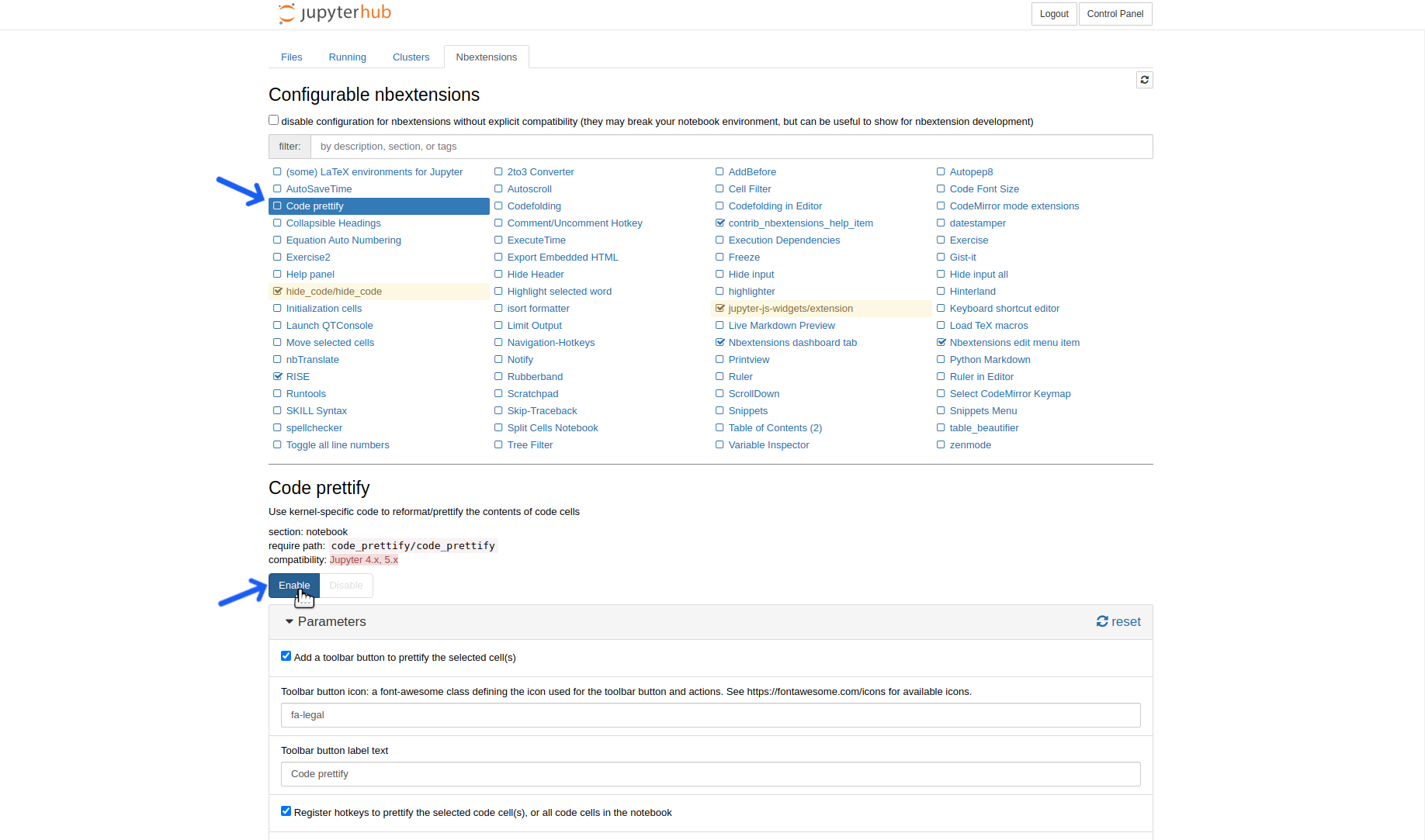 Selecting an extension and enabling it.